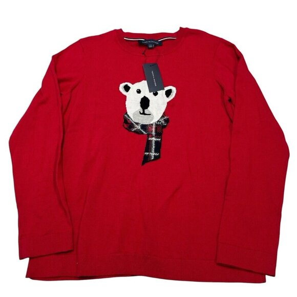 Tommy Hilfiger Sweater Women L Red Graphic Polar Bear Plaid Scarf Preppy Holiday - Picture 1 of 7